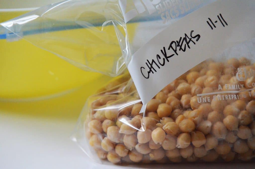 Chickpeas in a ziplock bag for the freezer