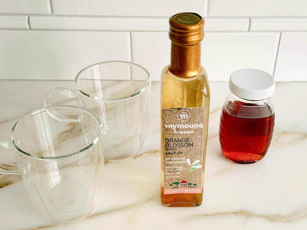 Ingredients for cafe blanc on a marble countertop