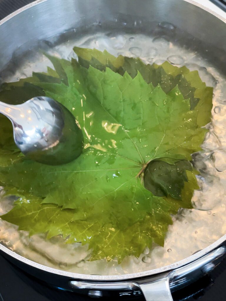 Grape leaves immersed in boiling water with a spoon