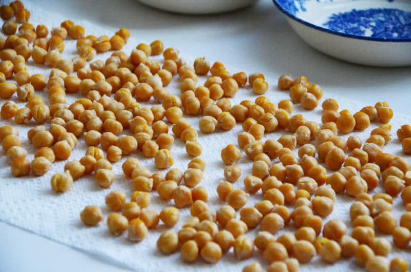 Chickpeas drying on a paper towel.