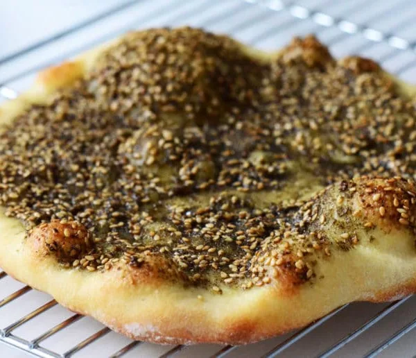Manoushe with Za'atar, on a cooling rack