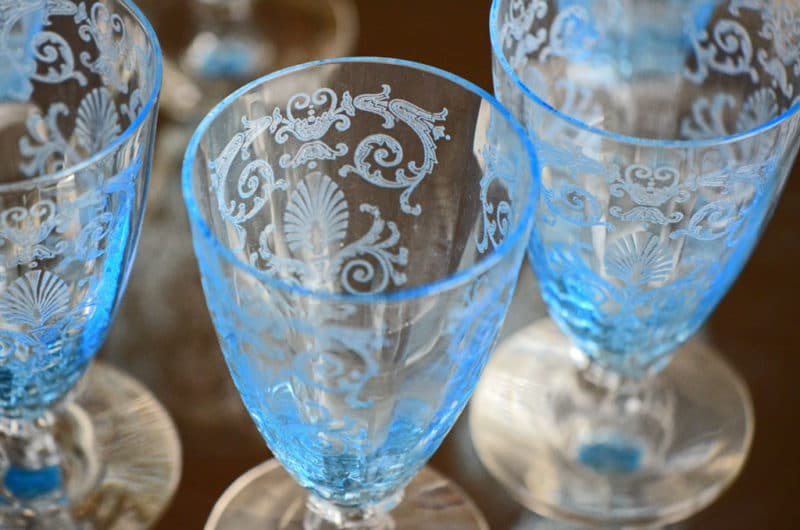 Blue Wine Glasses Set of Two, Vintage Clear Blue Glass Stemware