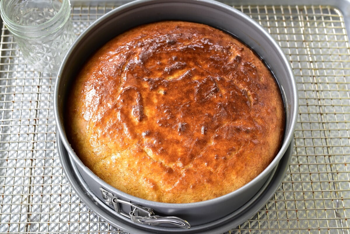 Golden cake in a springform pan, glistening with simple syrup on top