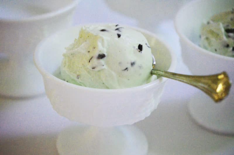 Fresh Mint Chip Ice Cream in a white footed bowl, MaureenAbood.com