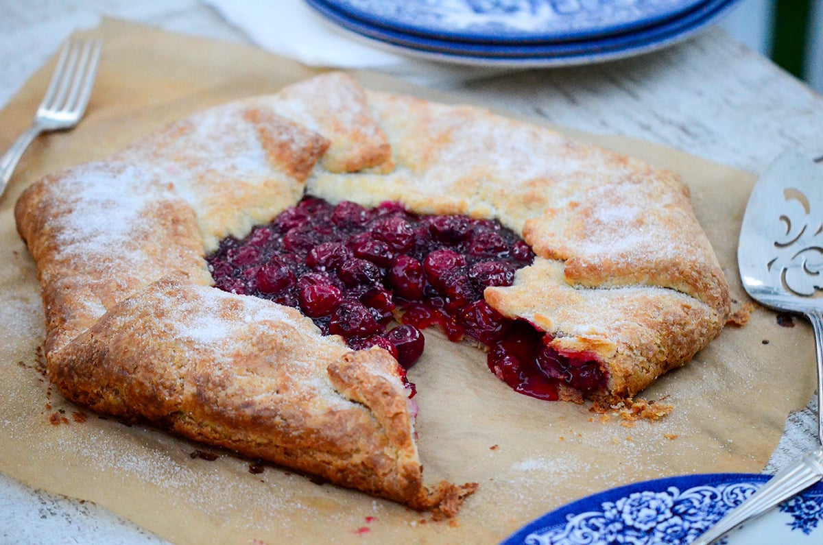 cherry galette on parchment paper
