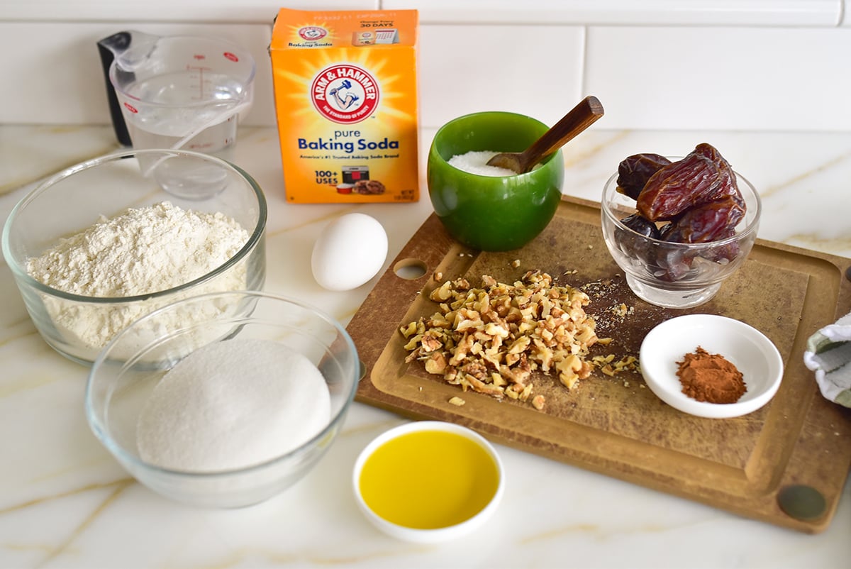 Ingredients for Date Nute Bread on the counter