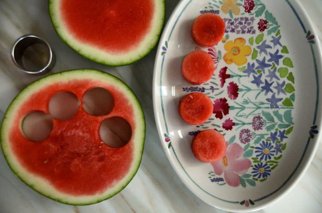 Watermelon cut-outs on a floral plate, for appetizers, Maureen Abood