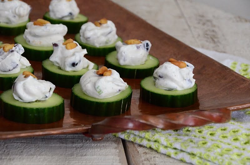 Cucumber bites on copper tray, Maureen Abood