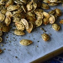 Za'atar roasted pumpkin seeds on parchment paper