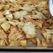 Baked pita chips on a sheet pan