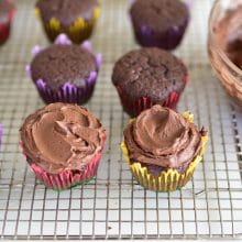 Chocolate Frosted Cupcake in a row on a cooling rack