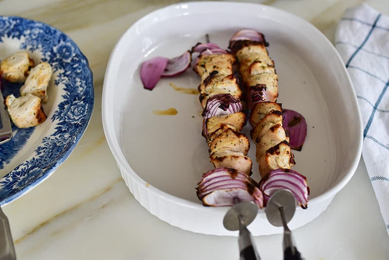 Grilled chicken kebabs, ready to be plated and served!