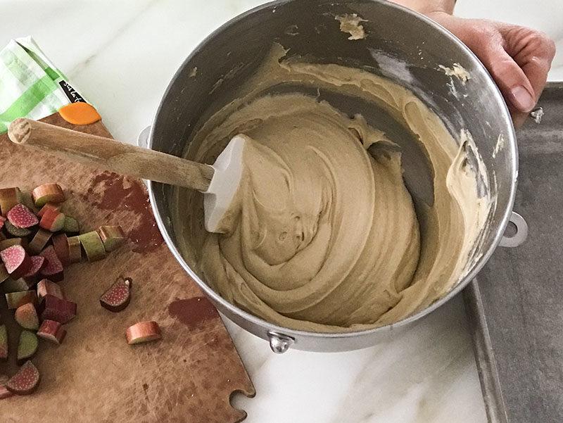 Luscious batter for rhubarb cake in a mixing bowl.