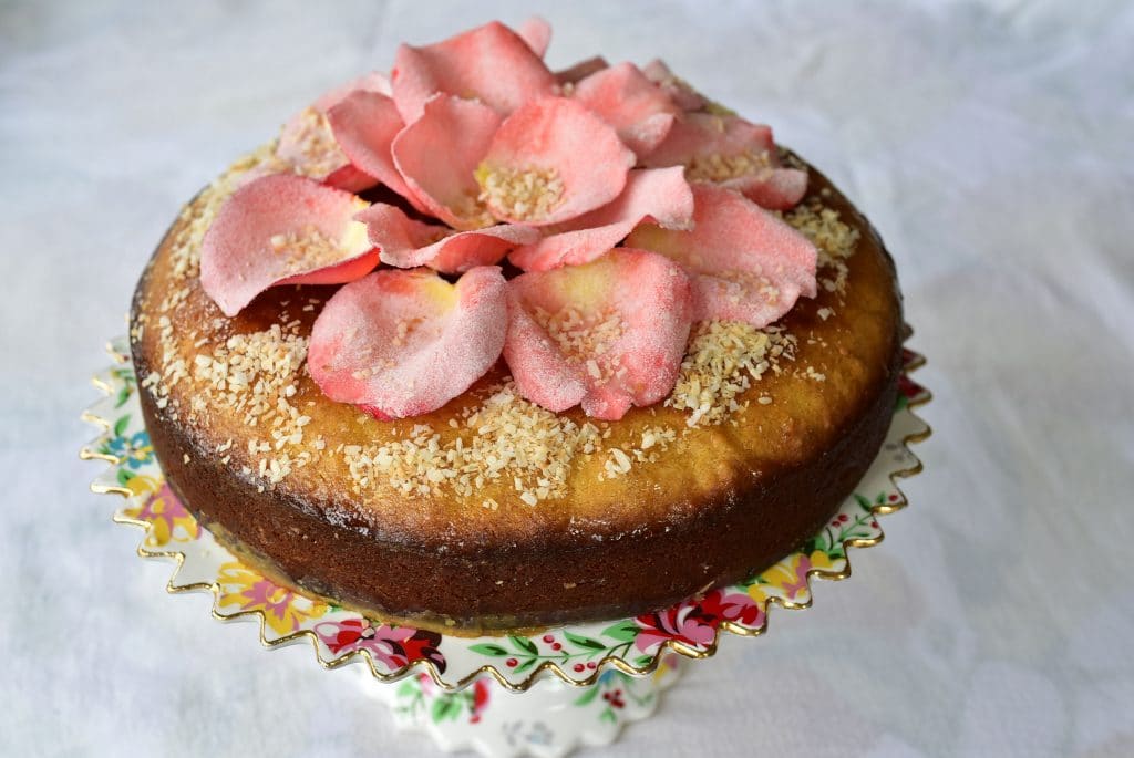 Semolina Coconut Cake with Sugared Rose Petals - Maureen Abood