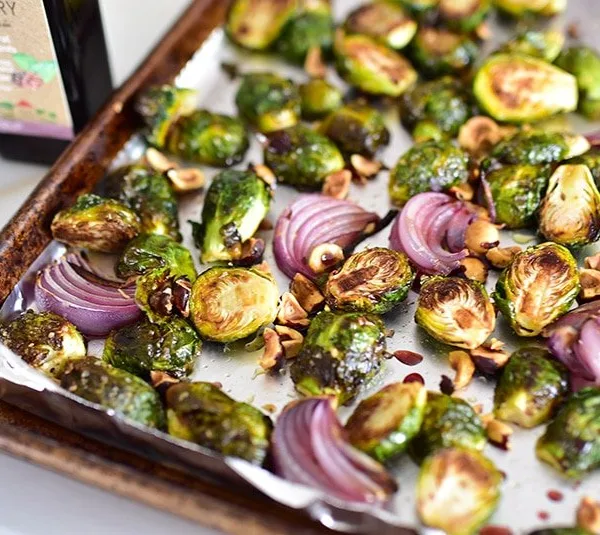 Roasted brussels sprouts with red onion, toasted hazelnuts, and mulberry syrup, MaureenAbood.com