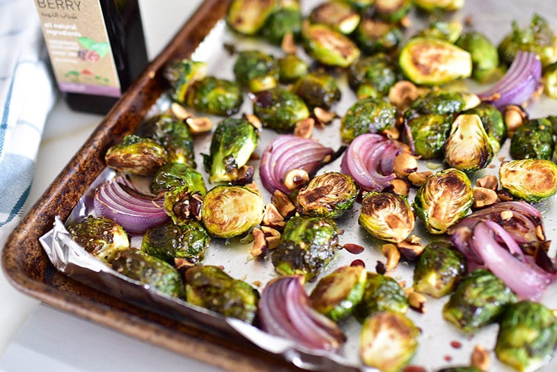 Roasted brussels sprouts with red onion, toasted hazelnuts, and mulberry syrup, MaureenAbood.com