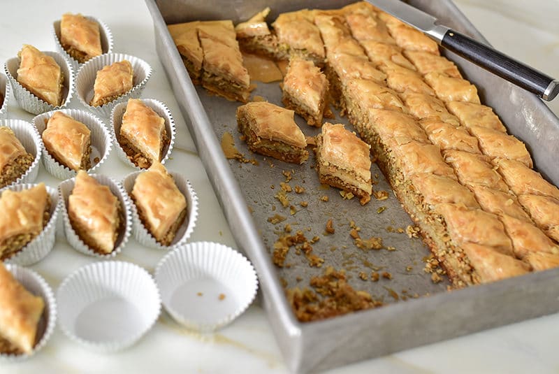 Nut-free baklawa cut and placed into foil cups