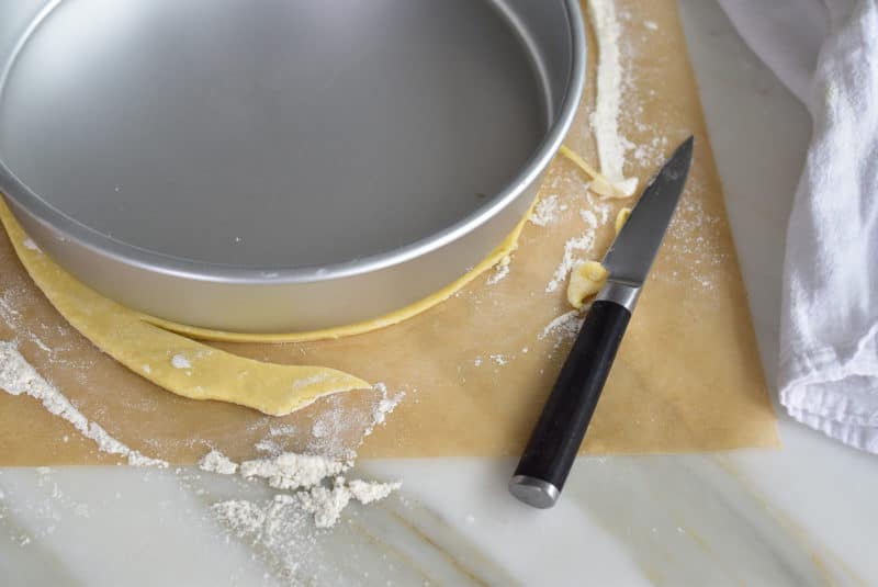 Dough cut to size with a cake pan and knife, Maureen Abood