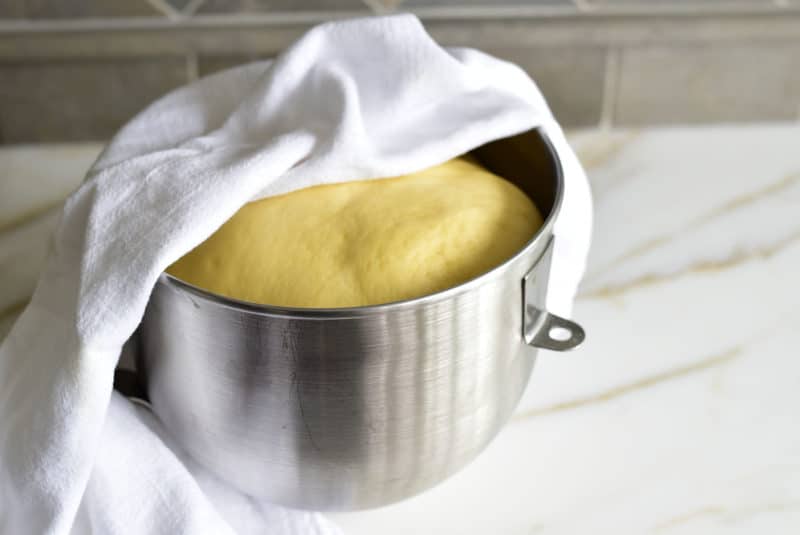 Brioche dough in a bowl with bread towel, Maureen Abood