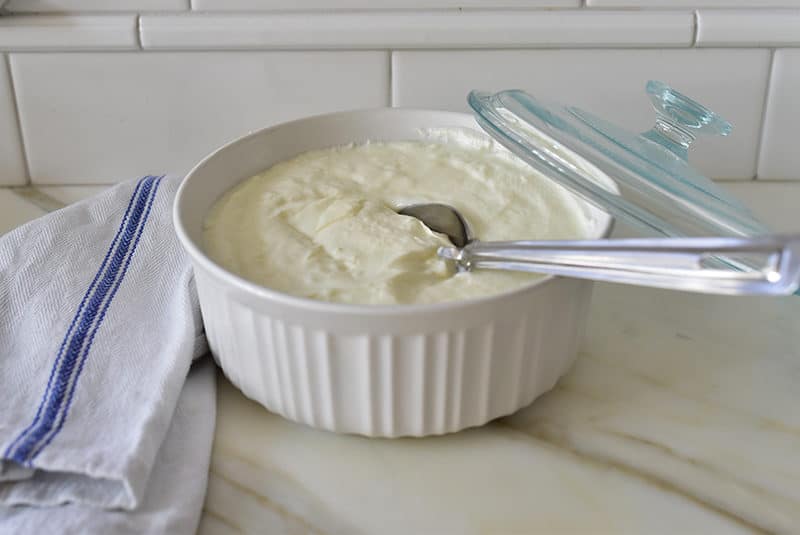 Homemade yogurt in a large round dish with a glass lid resting on it.