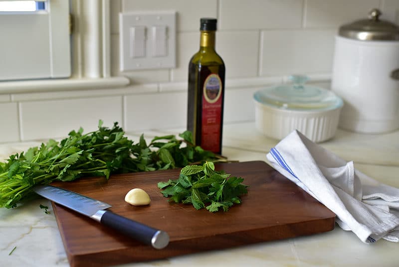 Fresh herbs, garlic, and Lebanese olive oil for sauce, MaureenAbood.com