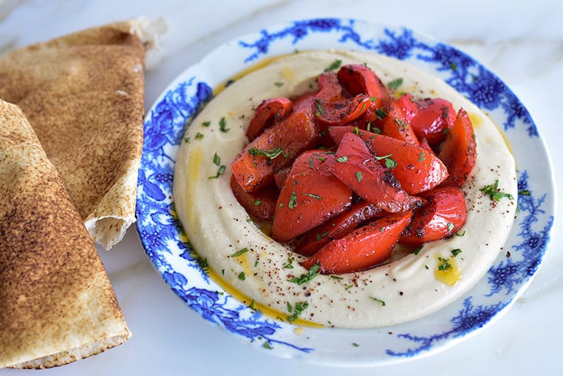 Hummus topped with sauteed red pepper, MaureenAbood.com