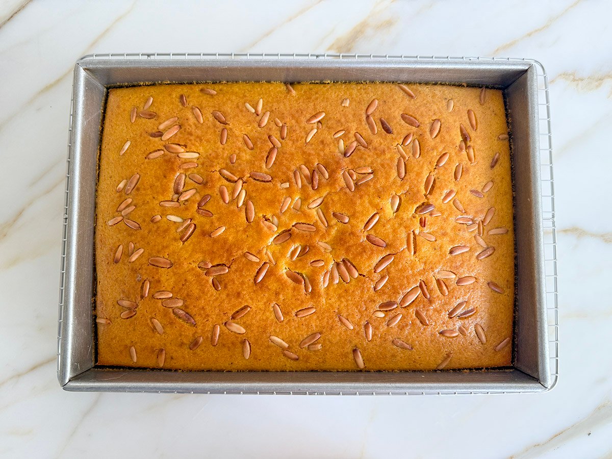 Baked sfouf cake in a pan