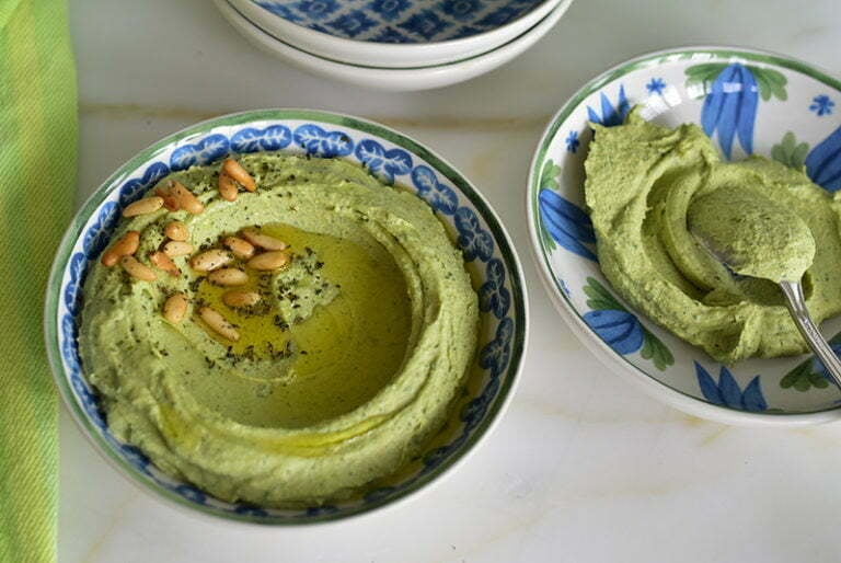 Fresh mint hummus with mint, clintro, and pine nuts