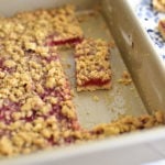 Strawberry bars cut in rectangles in a baking pan