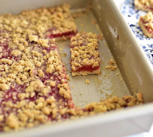 Strawberry bars cut in rectangles in a baking pan