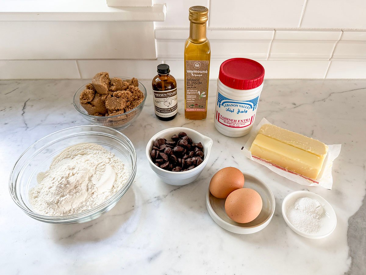 blondie bars ingredients on a marble countertop