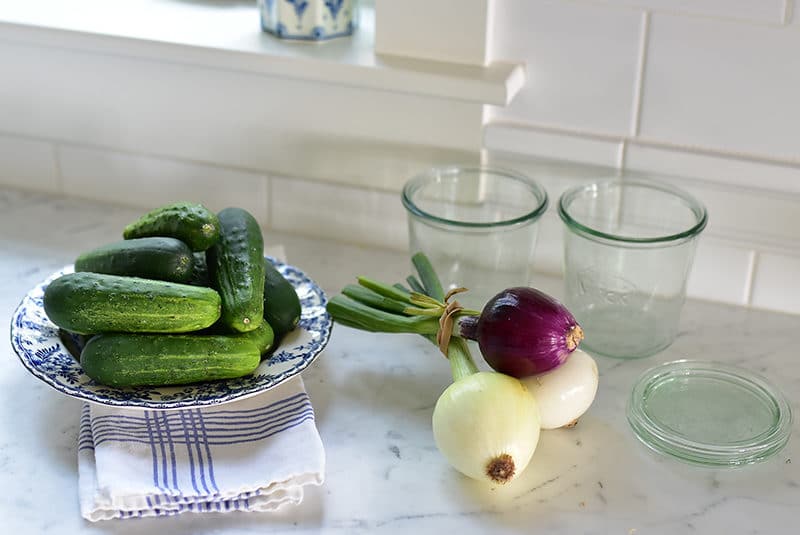 Cucumbers and onions for sweet pickles