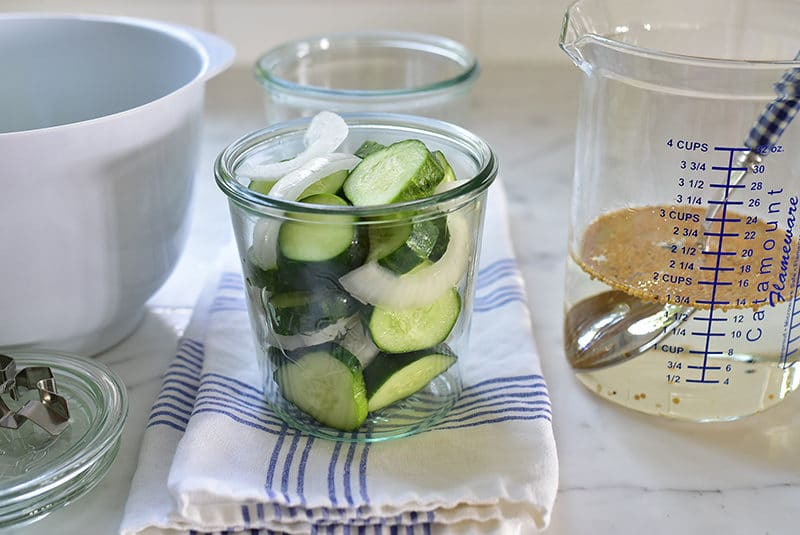 Bread and butter pickles with cucumbers and onions