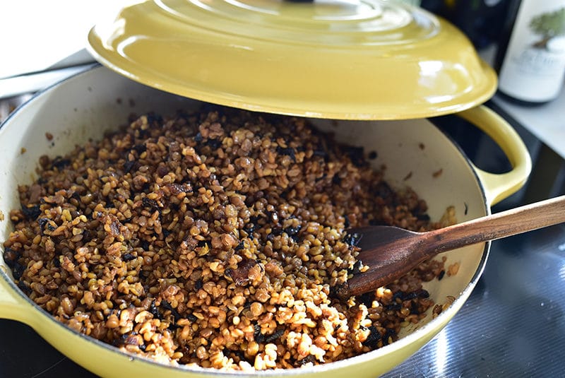 Mujadara in a pot on the stove