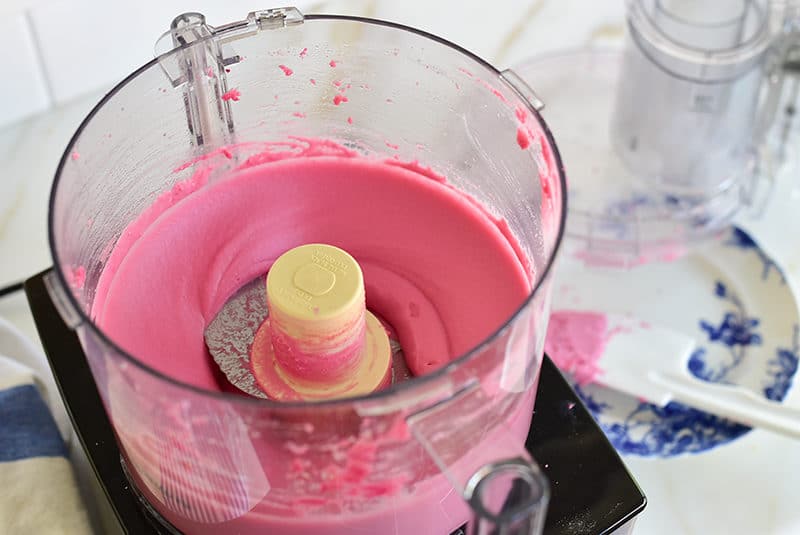 red beet hummus in the food processor