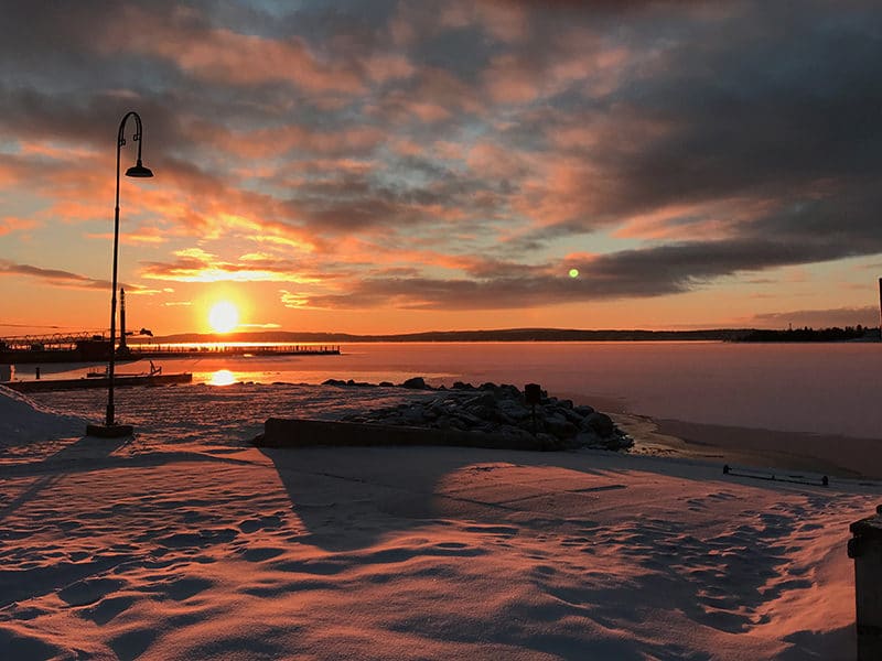 Sunrise over Little Traverse Bay in winter up north in Michigan