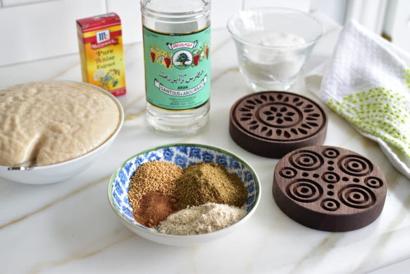 Arak, molds, spices on the counter for ka'ik Easter cookies