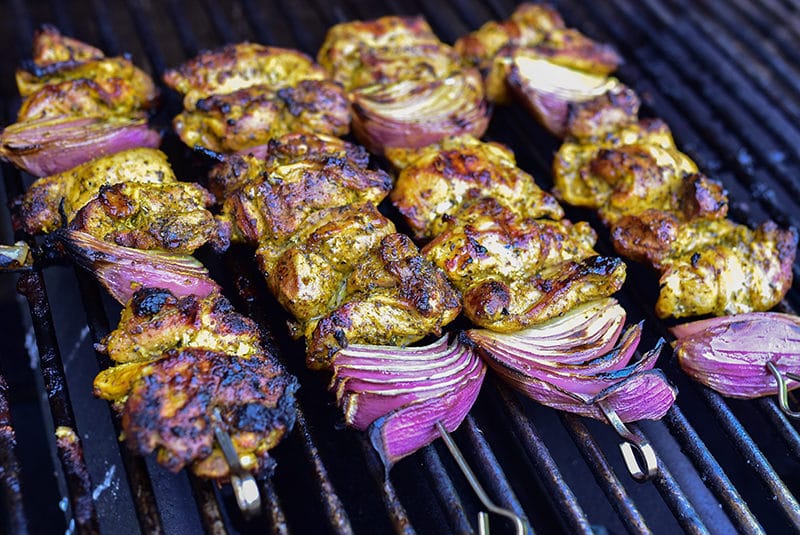 Chicken shawarma skewers on the grill