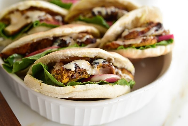 Grilled chicken shawarma pitas with tahini sauce