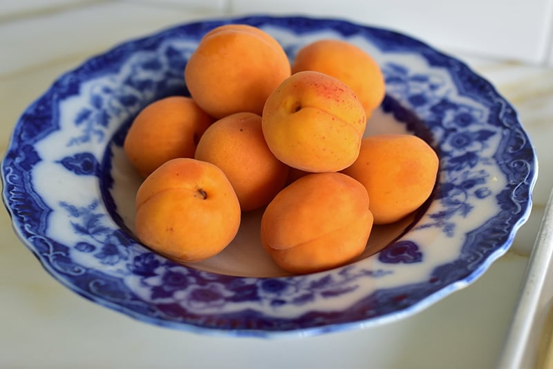 Apricots in a blue bowl
