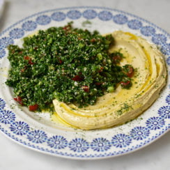 Tabbouleh Hummus Platter with blue and white platter