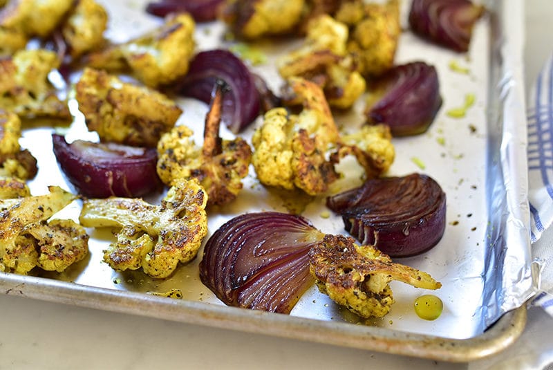 Roasted cauliflower shawarma on a pan with foil