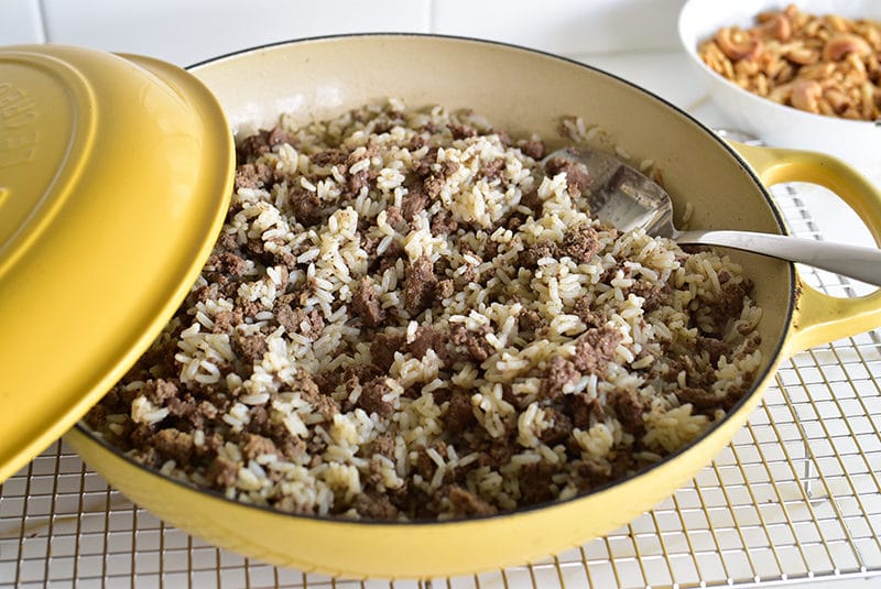 Rice and meat in a yellow dish