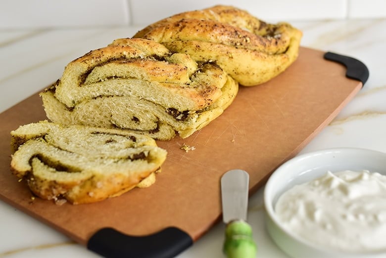 Slices of za'atar swirl bread on a board