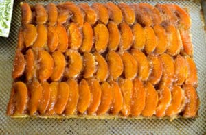 Apricot Upside Down Cake on a sheet pan