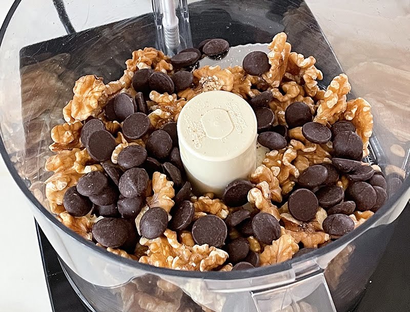 Walnuts and  chocolate chips in  the food processor