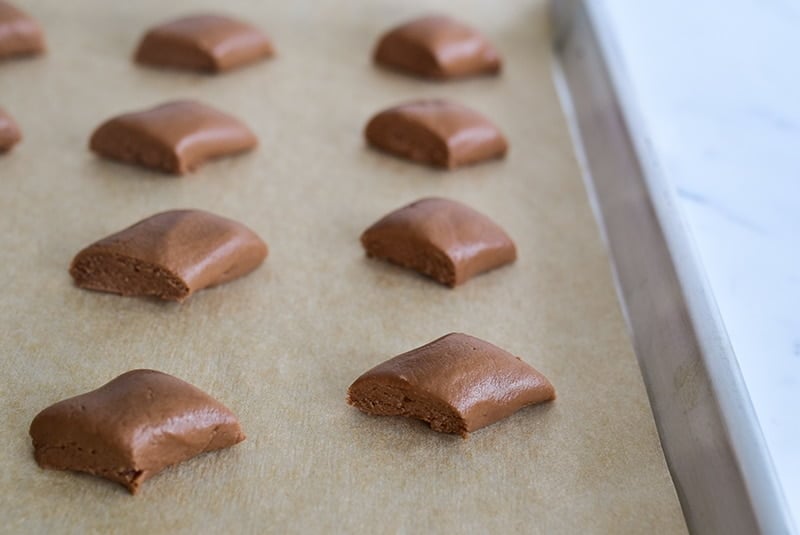 Chocolate diamond dough diamonds on sheet pan