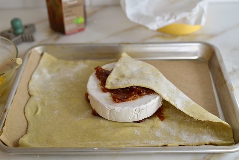 Folded puff pastry over brie