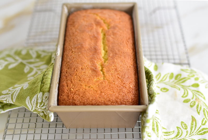 Baked olive oil cake in a loaf pan
