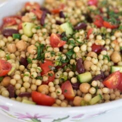 Lebanese Couscous salad in an oval white dish